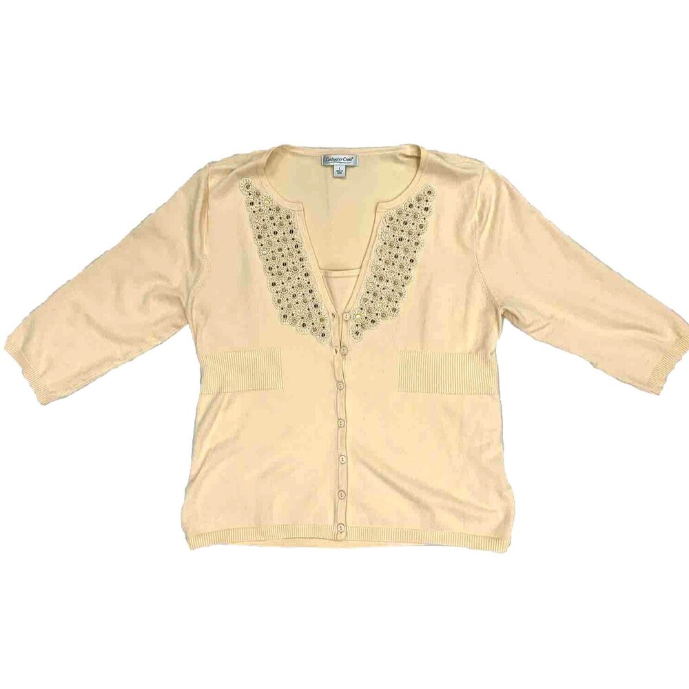 Vtg Coldwater Creek Crocheted Beaded Layered Cardigan Large Yellow Attached Tank